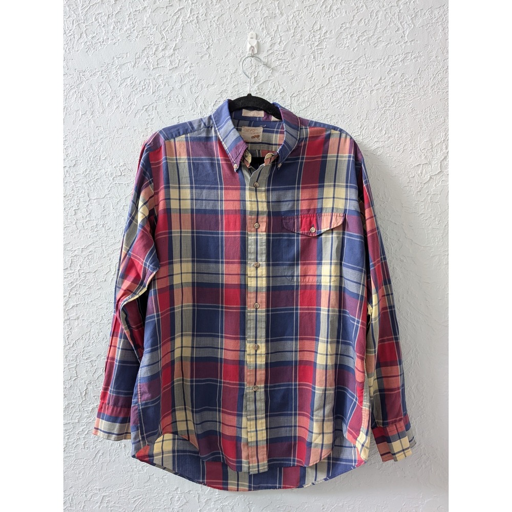 The Fox Collection Plaid Button Down Shirt Mens M Cotton Blend Blue Red Thailand